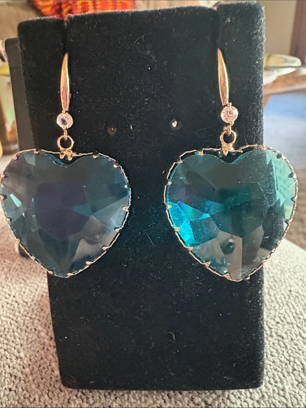 Gold Heart Drop Earrings with Teal Crystal - Picture 1 of 3